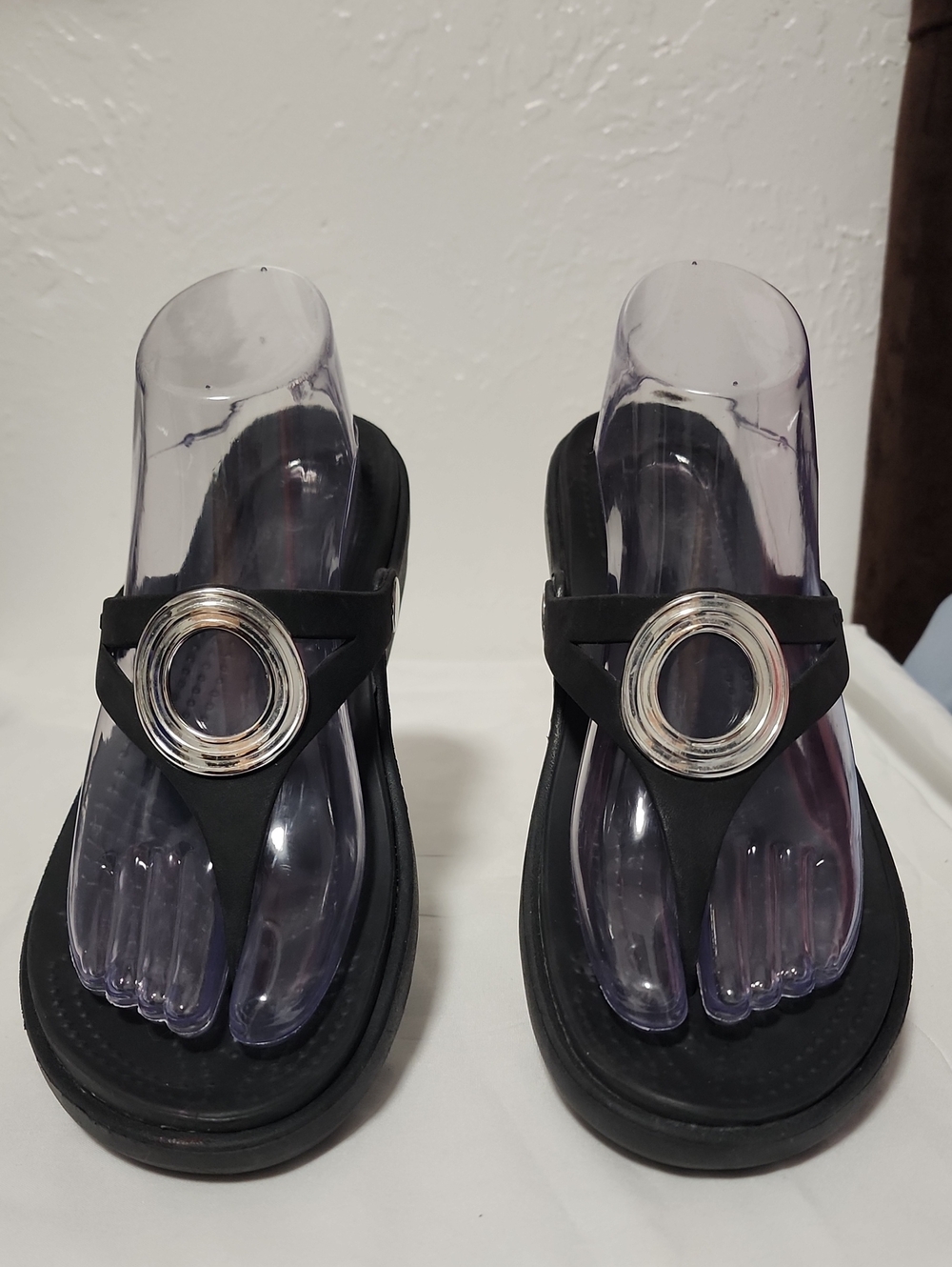 CROCS Black Thong Sandals with Silver Ring Accent